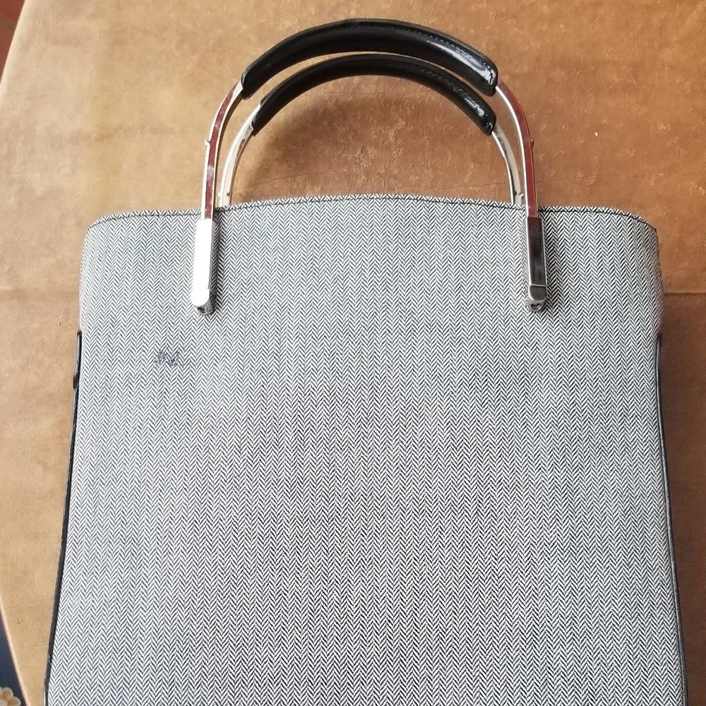 RARE LANCEL PARIS LOGO HERRINGBONE GRAY BLACK LEATHER SILVER HANDBAG BAG PURSE